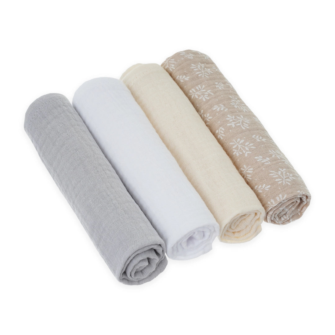 Bellamy Whisper Musselin Tücher 4er Set für Babys, weiches und hautfreundliches Mulltuch für Neugeborene, ideal als Spucktuch, Wickelunterlage und Lätzchen