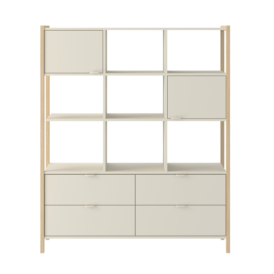 Bellamy Versa Wide Kinderregal in Latte mit vier Schubladen, zwei Türen und offenen Fächern auf Eichenholzbeinen, 125 cm breit und 150 cm hoch, für Kinder, und Jugendzimmer geeignet