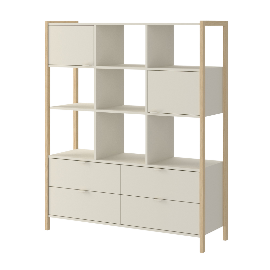 Bellamy Versa Wide Kinderregal in Latte mit vier Schubladen, zwei Türen und offenen Fächern auf Eichenholzbeinen, 125 cm breit und 150 cm hoch, für Kinder, und Jugendzimmer geeignet