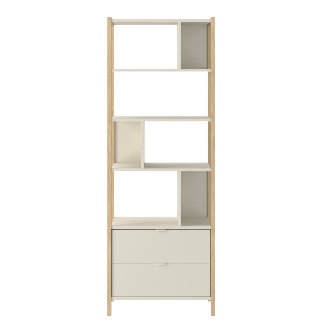 Hohes Kinderregal Versa Tall von Bellamy in Latte mit fünf offenen Fächern, zwei Schubladen und Eichenholzbeinen, 180 cm hoch, für Kinder. und Jugendzimmer geeignet.