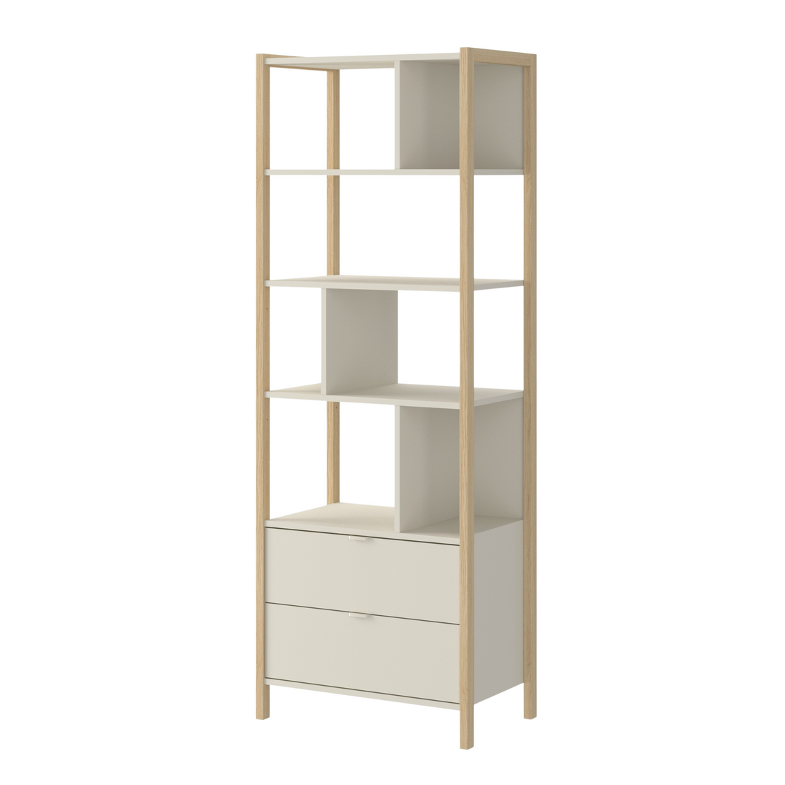 Hohes Kinderregal Versa Tall von Bellamy in Latte mit fünf offenen Fächern, zwei Schubladen und Eichenholzbeinen, 180 cm hoch, für Kinder. und Jugendzimmer geeignet.