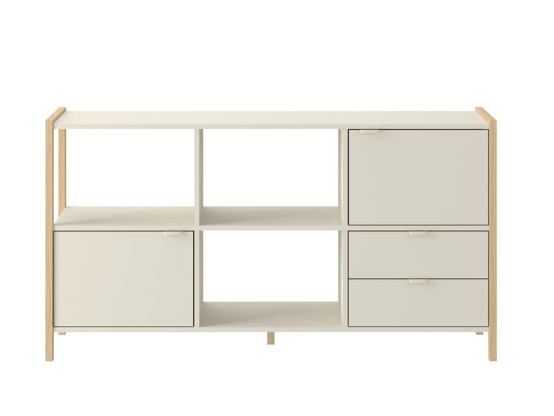 Bellamy Versa Low Regal in Latte mit Eichenholzbeinen, offenen Fächern, Schubladen und Türen für Kinderzimmer und Jugendzimmer