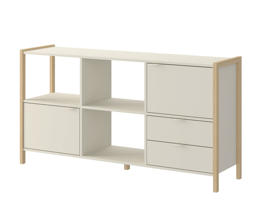 Bellamy Versa Low Regal in Latte mit Eichenholzbeinen, offenen Fächern, Schubladen und Türen für Kinderzimmer und Jugendzimmer