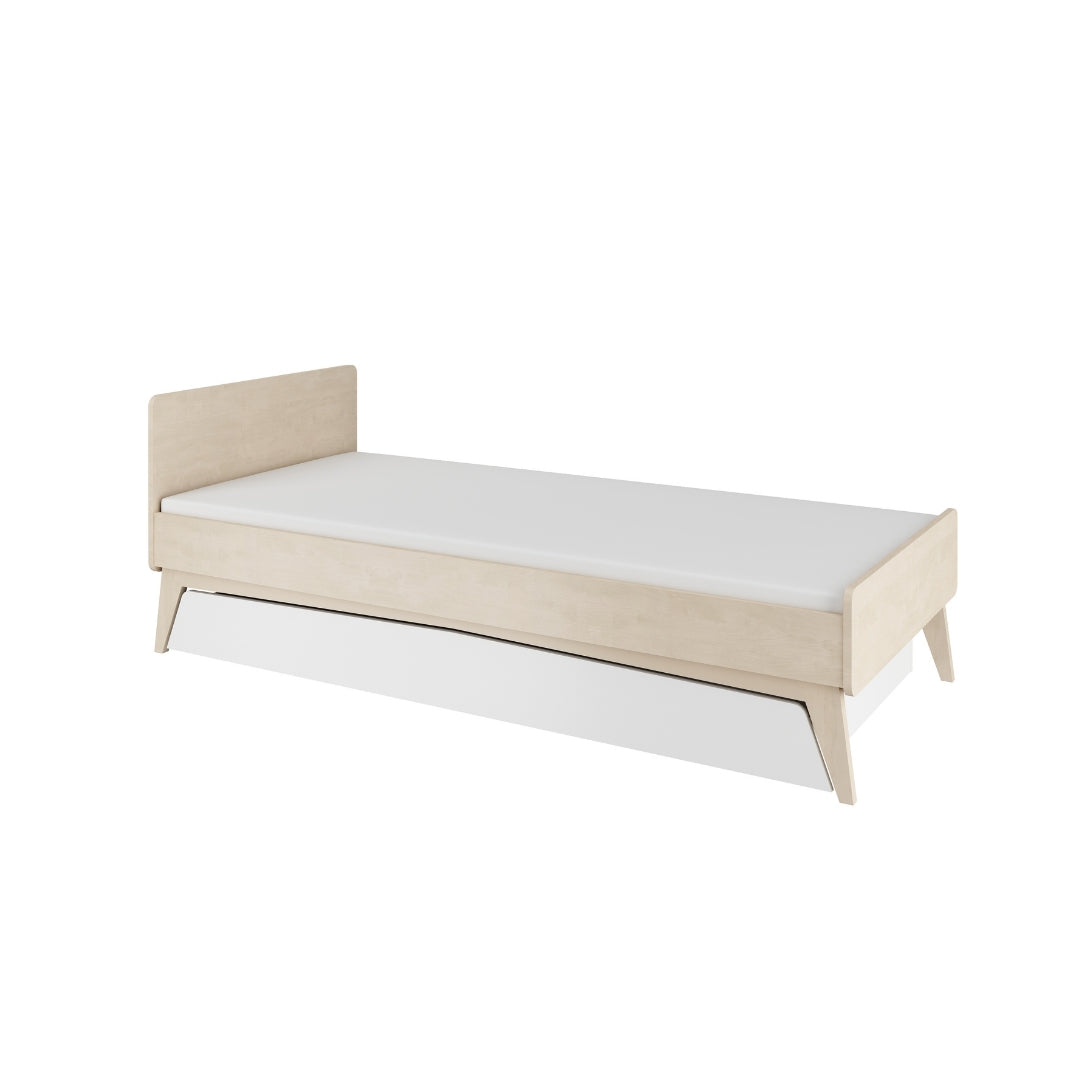 Bellamy So Sixty Kinderbett 90x200 cm mit Schublade im Retro-Stil der 60er Jahre, mit geneigten Schubladenfronten, asymmetrischen Seiten und hohen Holzbeinen aus Sperrholz