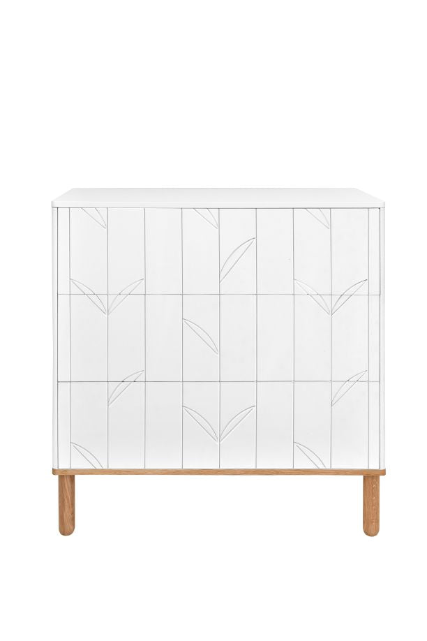 Bellamy Toteme Botanic Kommode für Kinderzimmer, weiße Wickelkommode mit drei geräumigen Schubladen, Push-to-Open-System und botanischem Muster, 90x91x50 cm