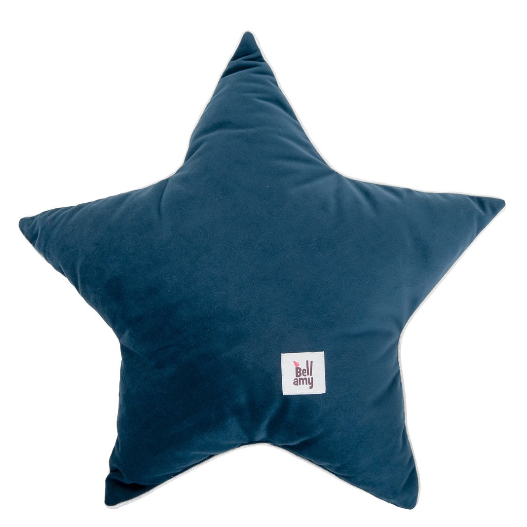 Dekoratives Stern-Kissen aus Samt in Ozeanblau von Bellamy, 50x50 cm, mit silbernem Einfassband, passend zu allen Bettwäsche-Kollektionen