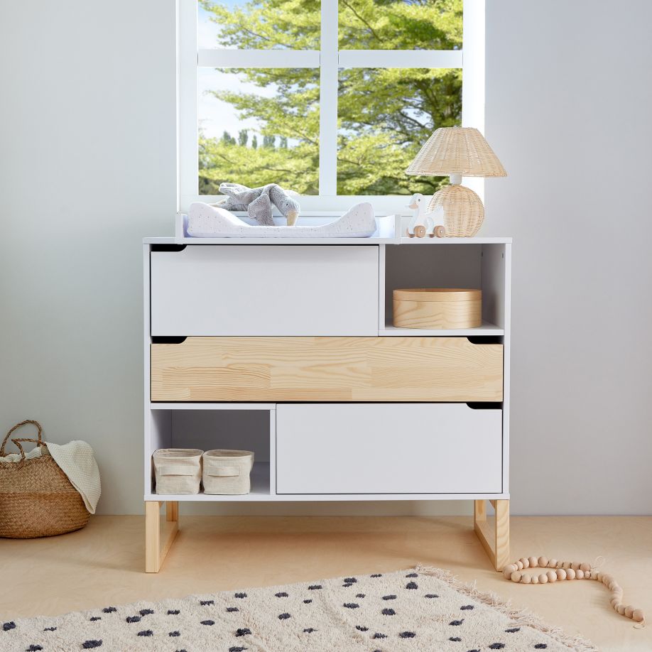 Bellamy Tatam Kommode mit 3 Schubladen in Weiß, Push-to-Open-System, 2 Einlegeböden, wickeltischkompatibel, 100x91,6x50 cm