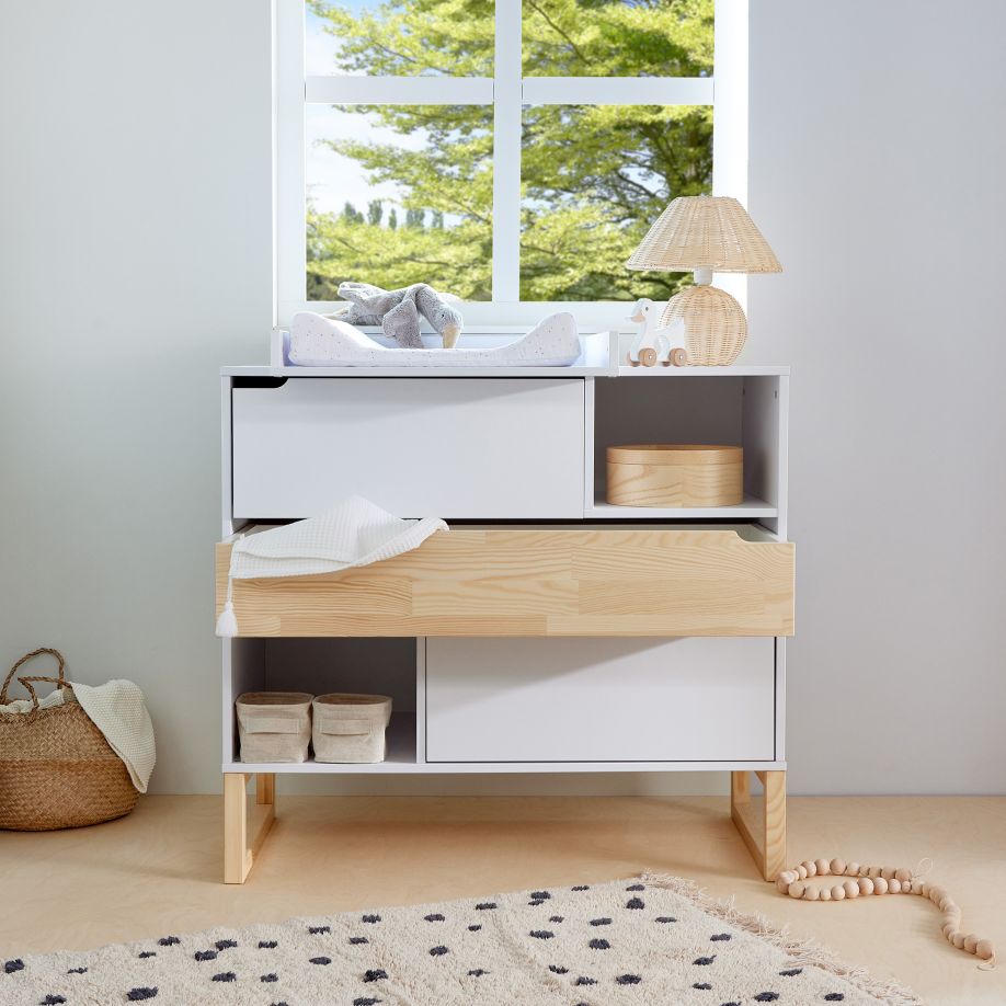 Bellamy Tatam Kommode mit 3 Schubladen in Weiß, Push-to-Open-System, 2 Einlegeböden, wickeltischkompatibel, 100x91,6x50 cm