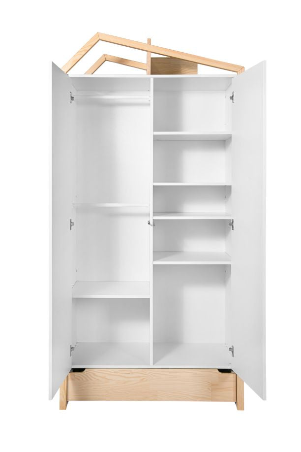Bellamy Tatam zweitüriger Kinderzimmerschrank in Weiß, 100 cm breit und 210 cm hoch, mit verstellbaren Einlegeböden, Kleiderstangen und Schublade mit Push-to-Open-Funktion