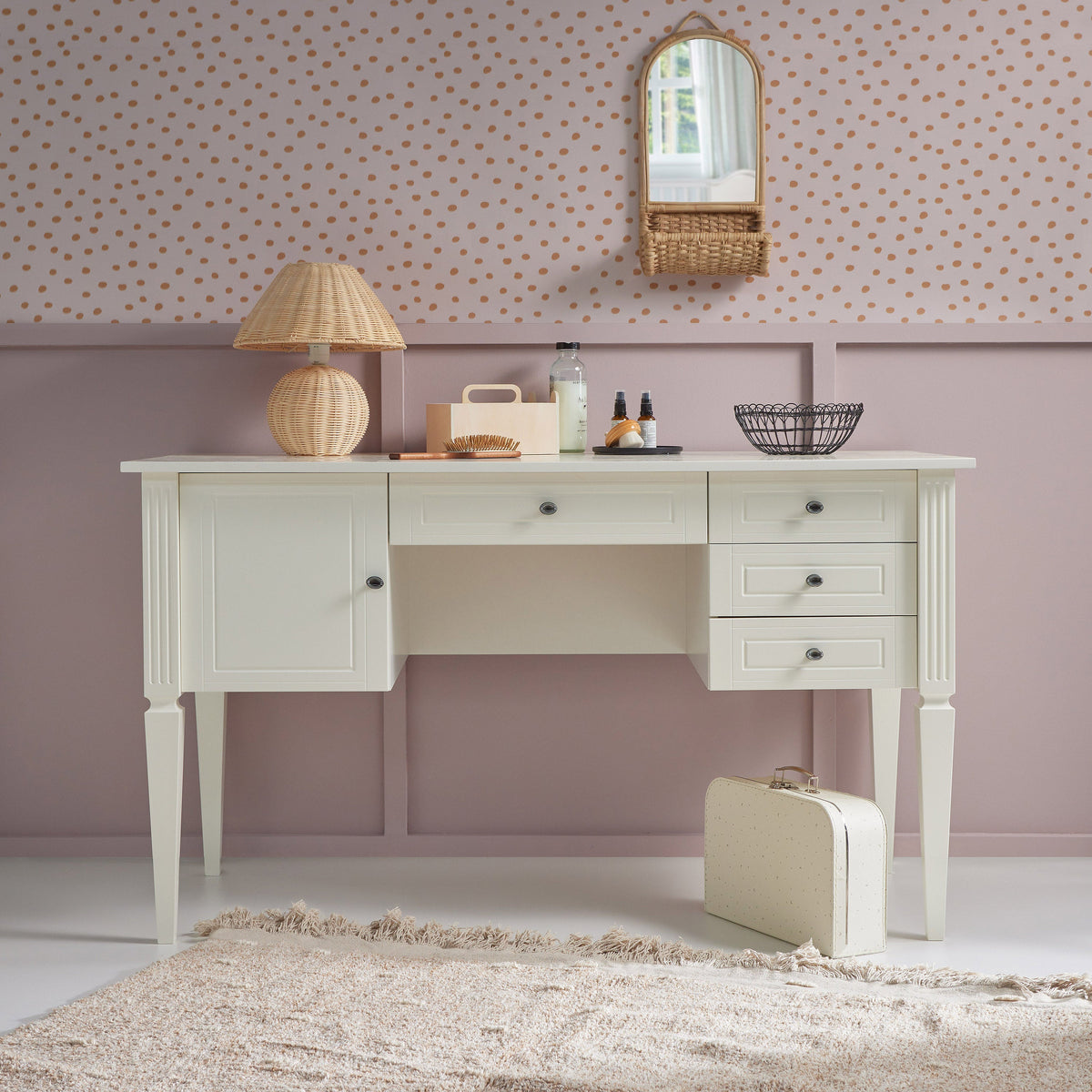 Bellamy Ines eleganter weißer Sekretär mit 4 Schubladen und Schrank (132 x 77,6 x 60 cm) für Kinderzimmer
