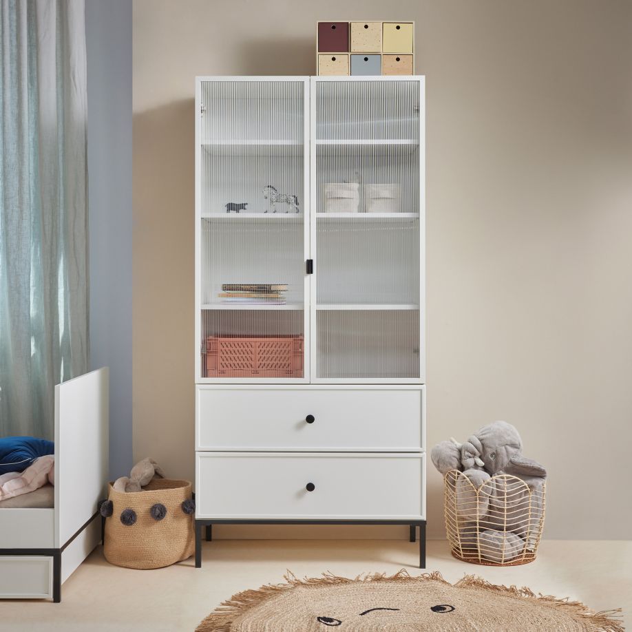 Bellamy Lumi Vitrine für Kinder, minimalistisches Bücherregal mit 2 Schubladen und 4 Regalen im Montessori-Stil, 170x80x40 cm