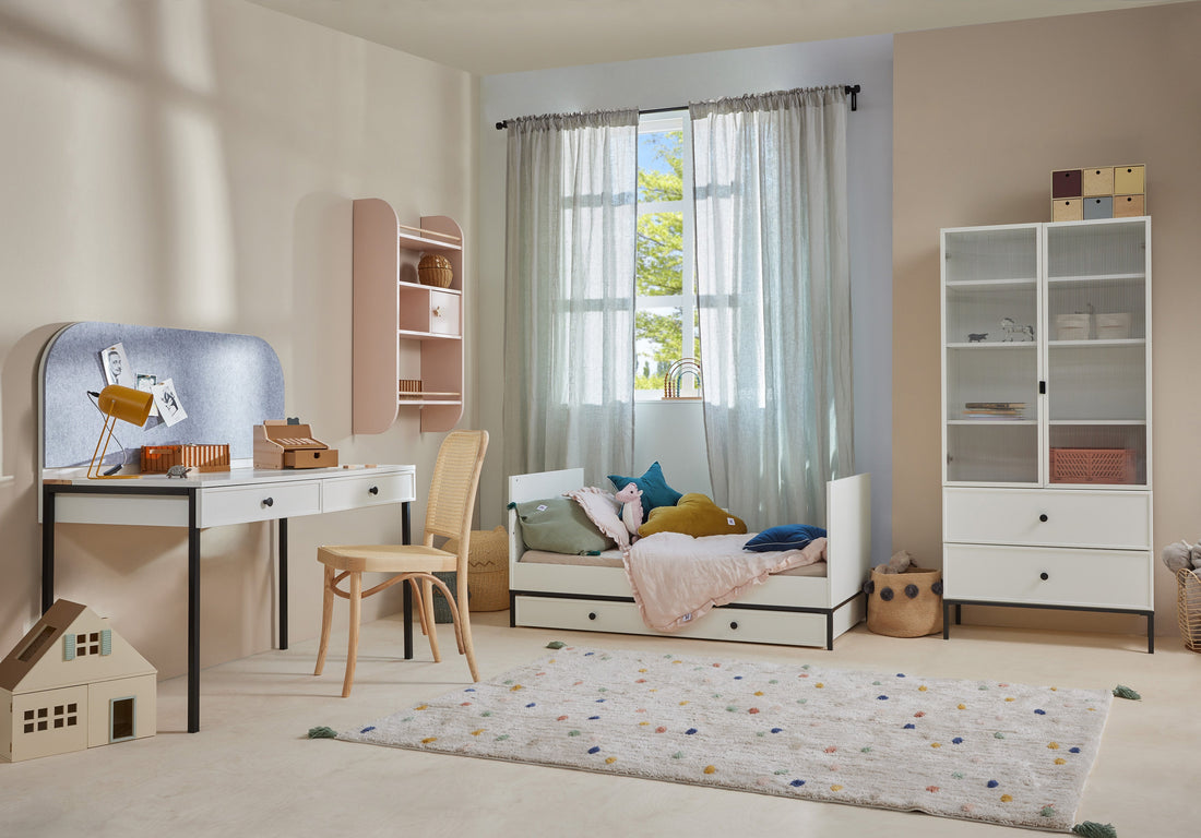 Bellamy Lumi Vitrine für Kinder, minimalistisches Bücherregal mit 2 Schubladen und 4 Regalen im Montessori-Stil, 170x80x40 cm