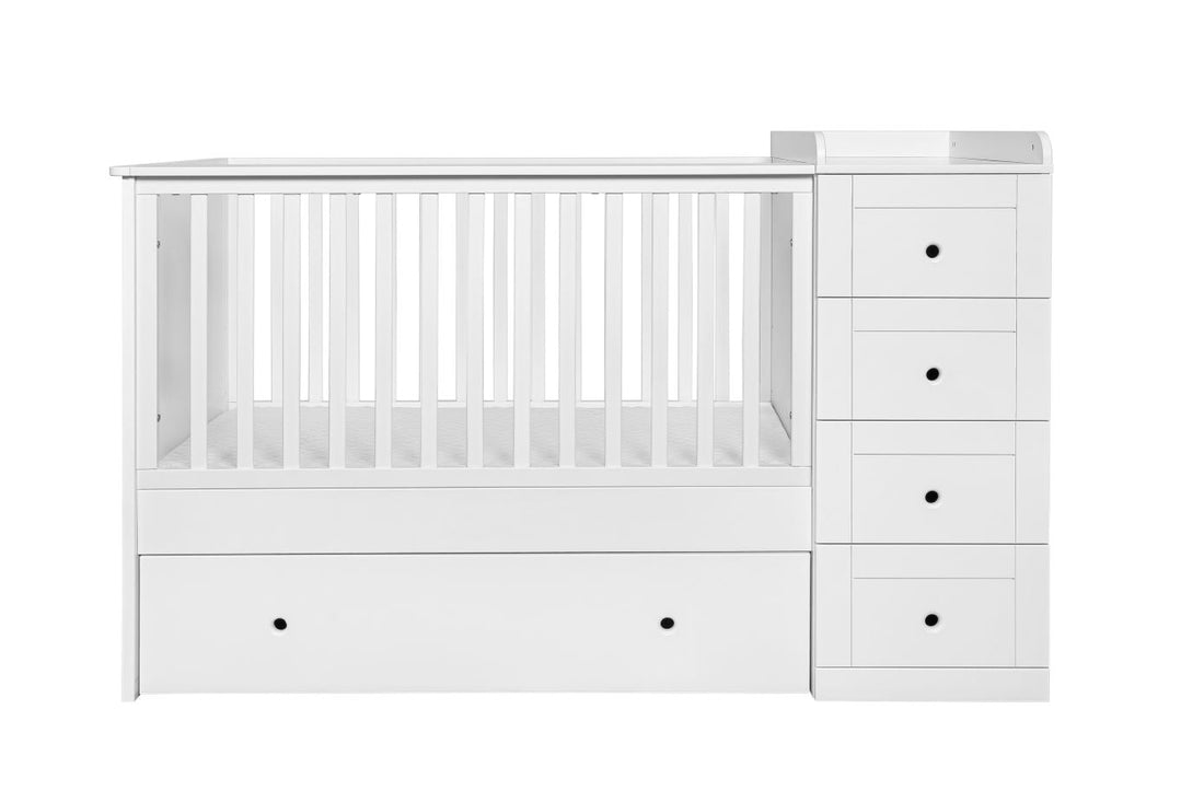 Bellamy Paso Doble Kinderbett 60x120 cm Snow Bliss mit integrierter Kommode, Wickelauflage und Kleiderschrank in Weiß