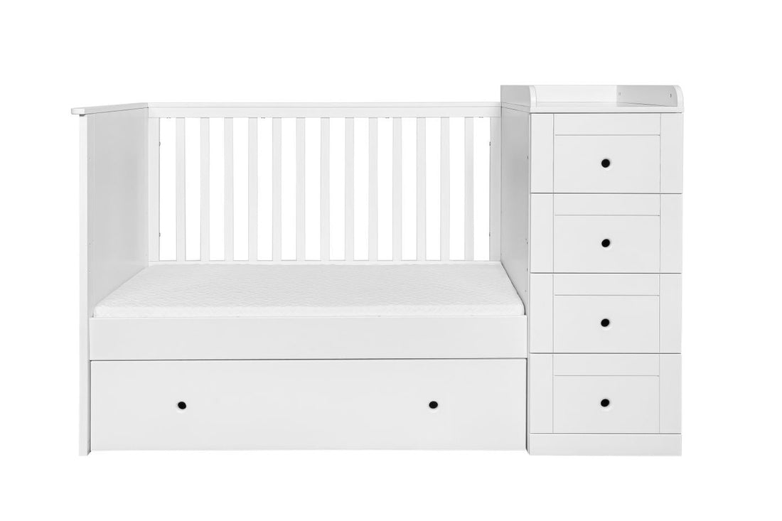 Bellamy Paso Doble Kinderbett 60x120 cm Snow Bliss mit integrierter Kommode, Wickelauflage und Kleiderschrank in Weiß