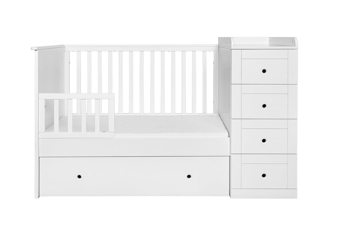 Bellamy Paso Doble Kinderbett 60x120 cm Snow Bliss mit integrierter Kommode, Wickelauflage und Kleiderschrank in Weiß