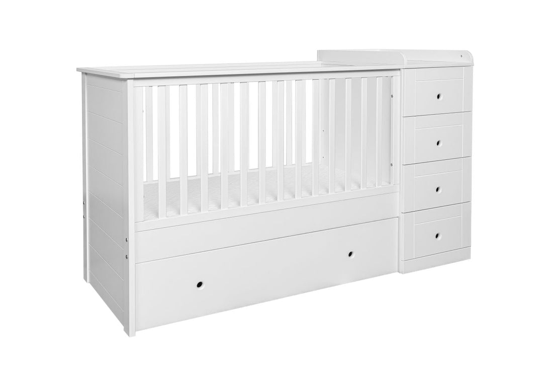 Bellamy Paso Doble Kinderbett 60x120 cm Snow Bliss mit integrierter Kommode, Wickelauflage und Kleiderschrank in Weiß