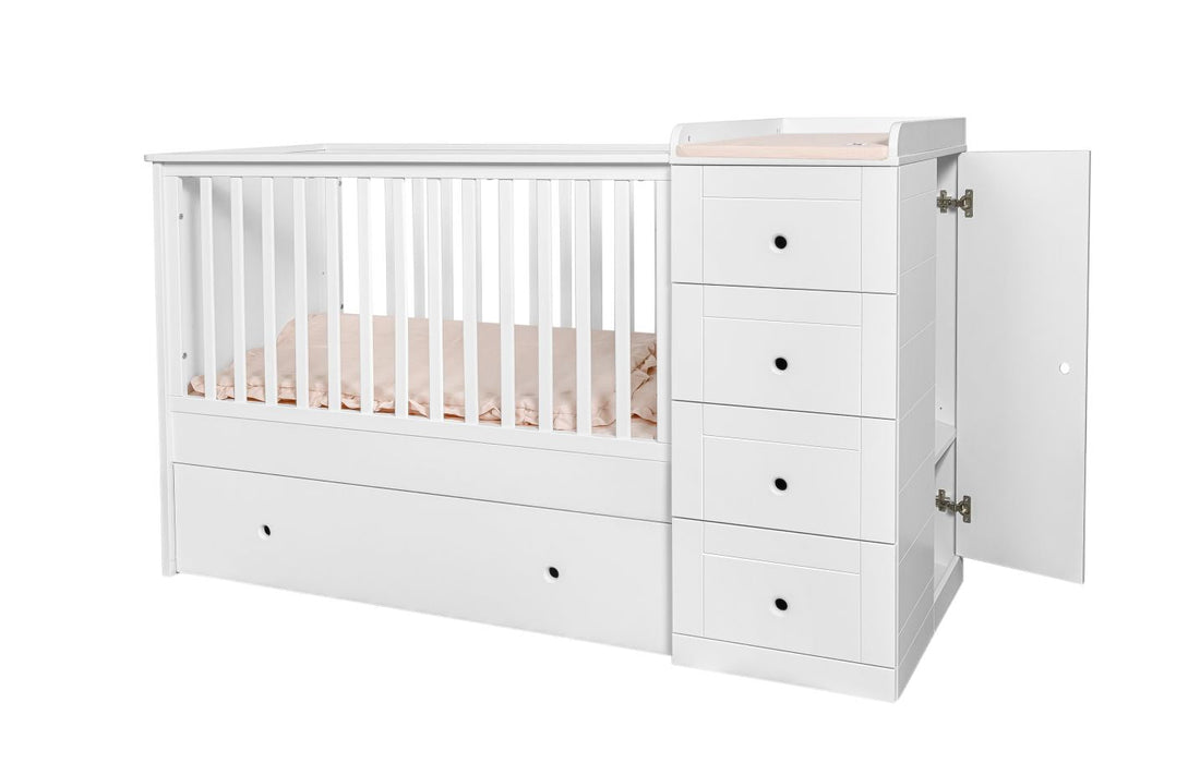Bellamy Paso Doble Kinderbett 60x120 cm Snow Bliss mit integrierter Kommode, Wickelauflage und Kleiderschrank in Weiß