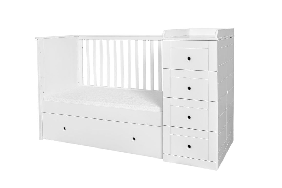 Bellamy Paso Doble Kinderbett 60x120 cm Snow Bliss mit integrierter Kommode, Wickelauflage und Kleiderschrank in Weiß