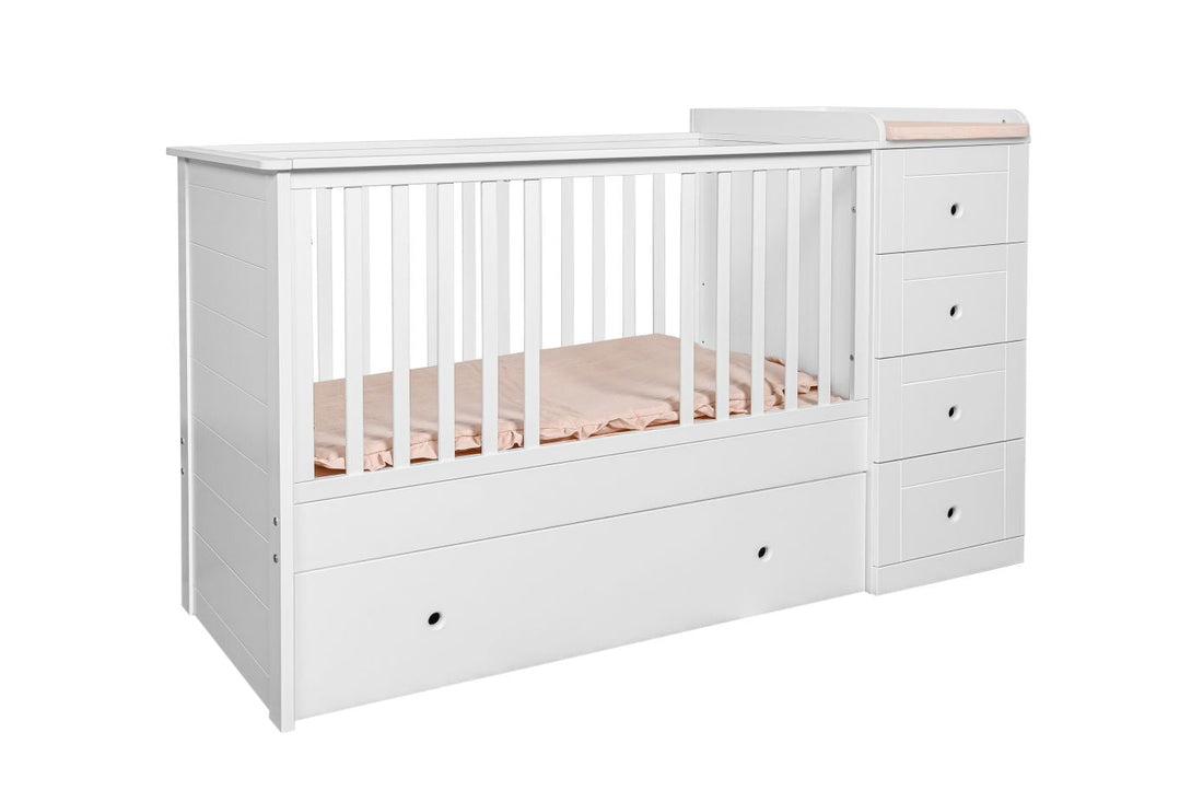 Bellamy Paso Doble Kinderbett 60x120 cm Snow Bliss mit integrierter Kommode, Wickelauflage und Kleiderschrank in Weiß