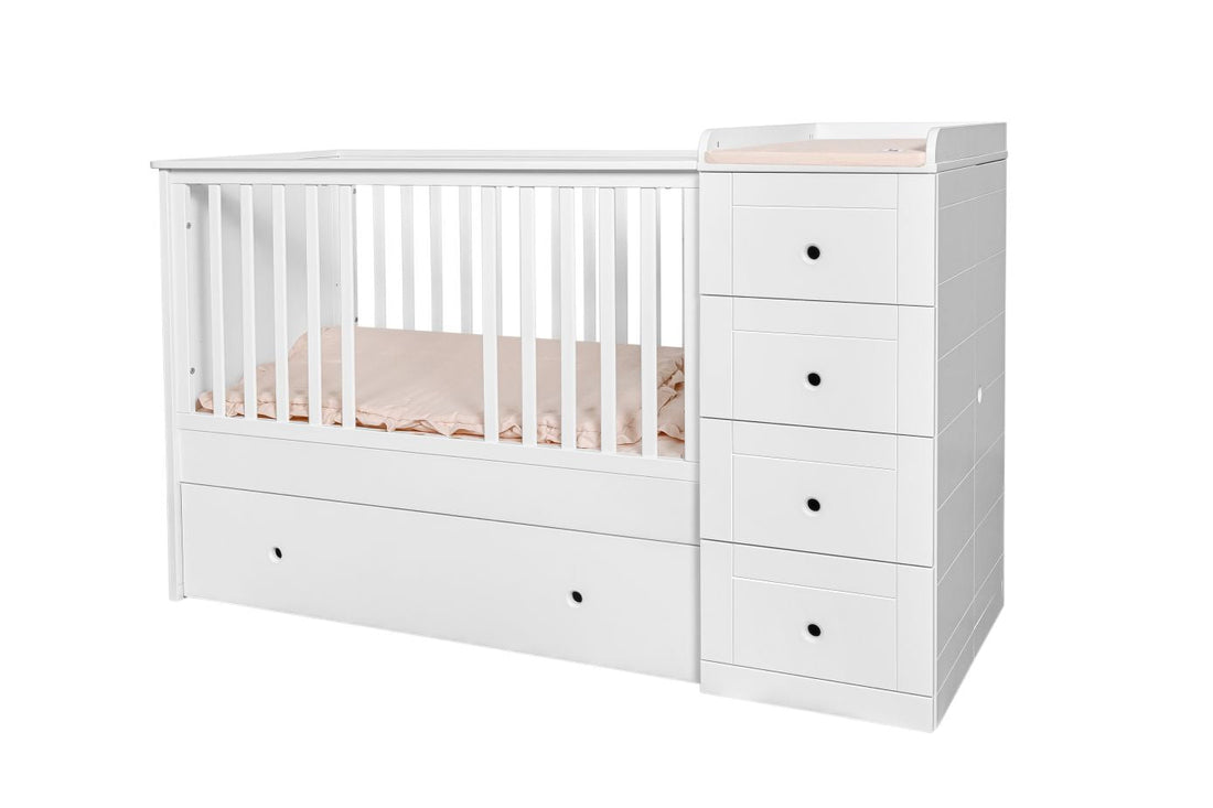 Bellamy Paso Doble Kinderbett 60x120 cm Snow Bliss mit integrierter Kommode, Wickelauflage und Kleiderschrank in Weiß