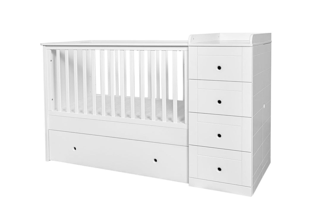 Bellamy Paso Doble Kinderbett 60x120 cm Snow Bliss mit integrierter Kommode, Wickelauflage und Kleiderschrank in Weiß