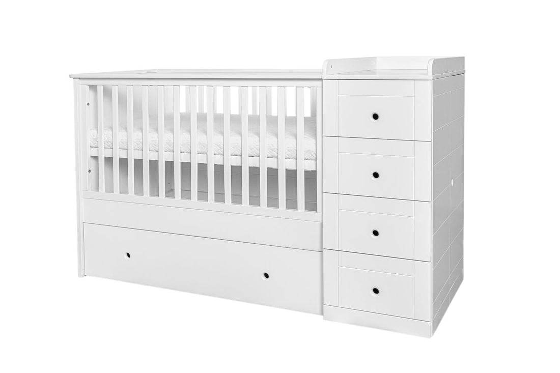 Bellamy Paso Doble Kinderbett 60x120 cm Snow Bliss mit integrierter Kommode, Wickelauflage und Kleiderschrank in Weiß