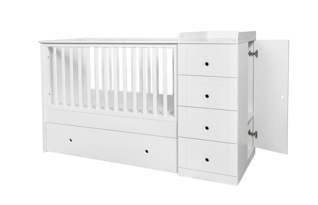 Bellamy Paso Doble Kinderbett 60x120 cm Snow Bliss mit integrierter Kommode, Wickelauflage und Kleiderschrank in Weiß