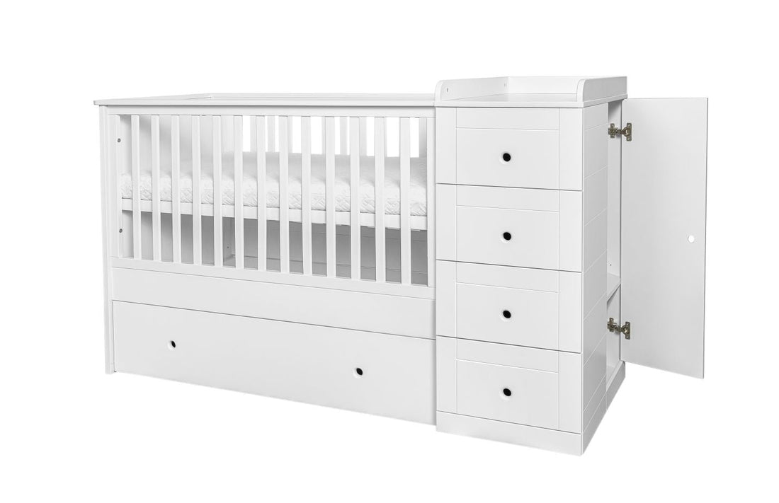 Bellamy Paso Doble Kinderbett 60x120 cm Snow Bliss mit integrierter Kommode, Wickelauflage und Kleiderschrank in Weiß