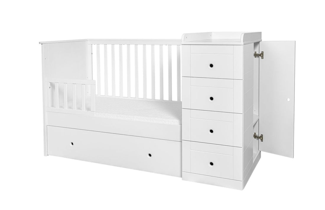 Bellamy Paso Doble Kinderbett 60x120 cm Snow Bliss mit integrierter Kommode, Wickelauflage und Kleiderschrank in Weiß