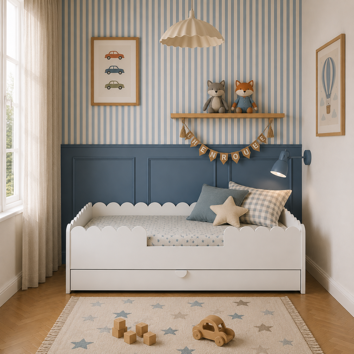 Bellamy Book Nook Montessori-Kinderbett 80x160 mit Schublade und Schutzgittern