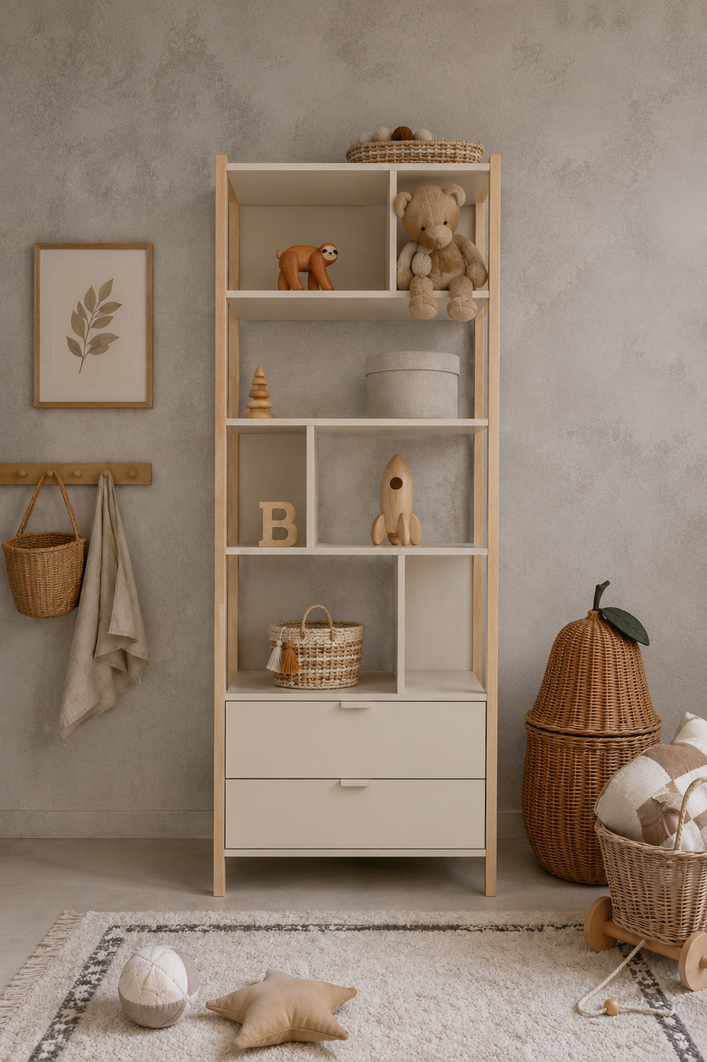 Hohes Kinderregal Versa Tall von Bellamy in Latte mit fünf offenen Fächern, zwei Schubladen und Eichenholzbeinen, 180 cm hoch, für Kinder. und Jugendzimmer geeignet.