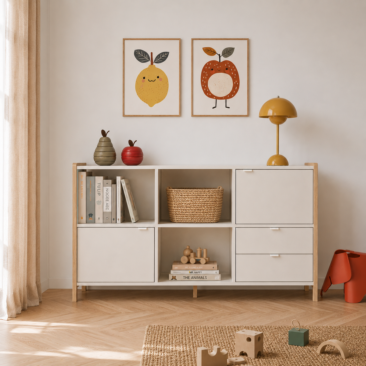 Bellamy Versa Low Regal in Latte mit Eichenholzbeinen, offenen Fächern, Schubladen und Türen für Kinderzimmer und Jugendzimmer
