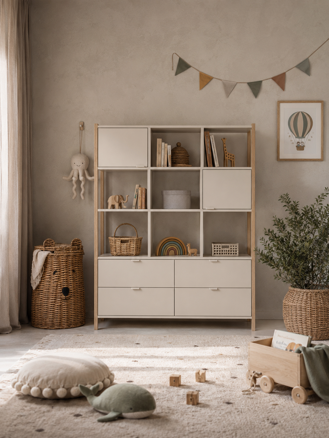 Bellamy Versa Wide Kinderregal in Latte mit vier Schubladen, zwei Türen und offenen Fächern auf Eichenholzbeinen, 125 cm breit und 150 cm hoch, für Kinder, und Jugendzimmer geeignet